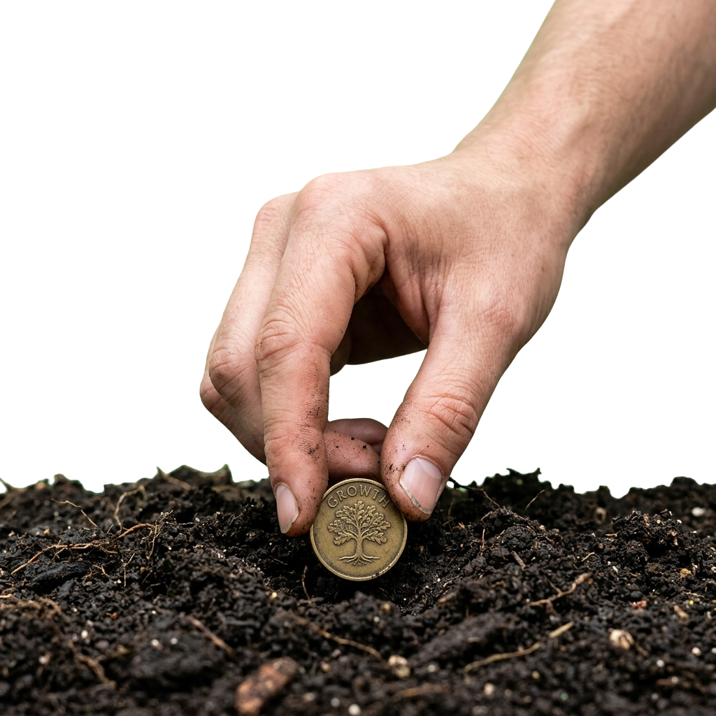 Hand placing a coin with a tree design into dark soil, symbolizing planting or investment.