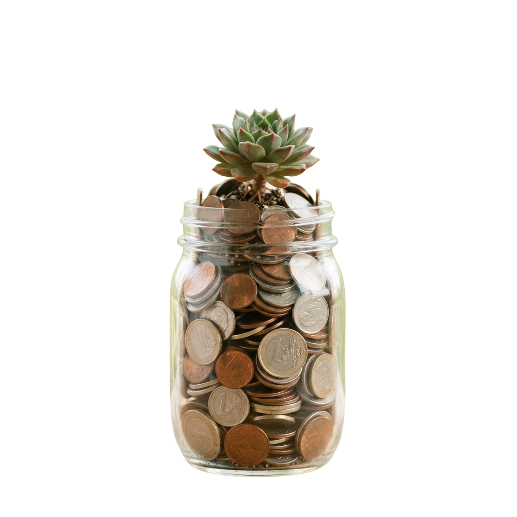 A clear glass jar filled with coins topped with a small succulent plant