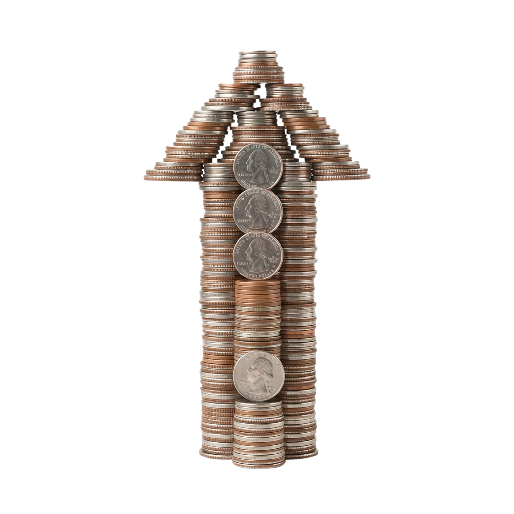 Arrow made from stacked coins with visible quarter and penny details