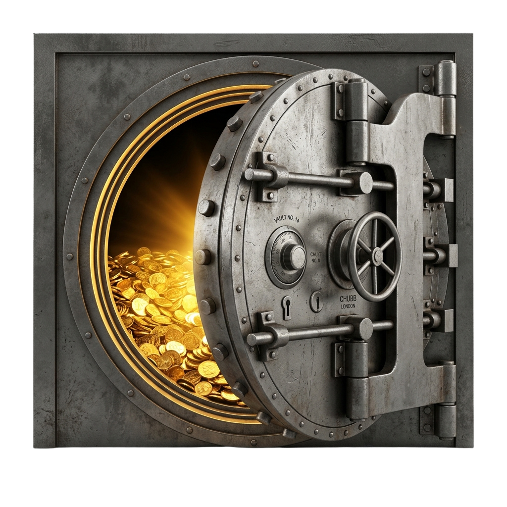 Open vault door revealing a pile of gold coins inside