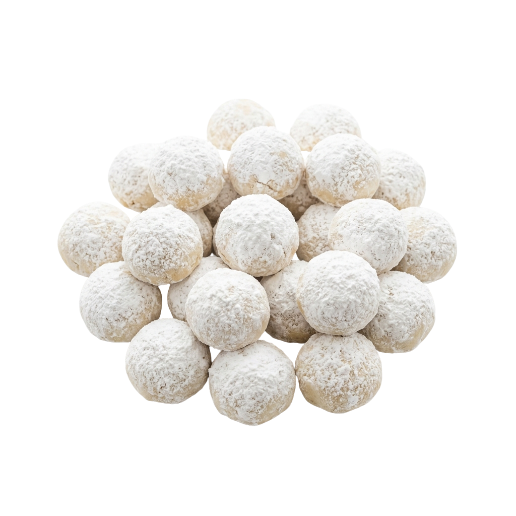 Close-up of a pile of small, round, powdered sugar-coated balls