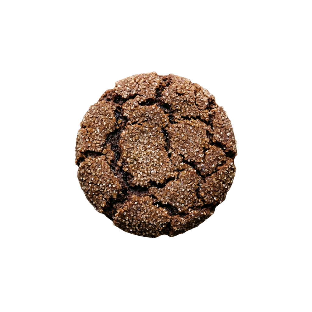 Close-up of a round, textured chocolate chip cookie with visible crumbs and speckles