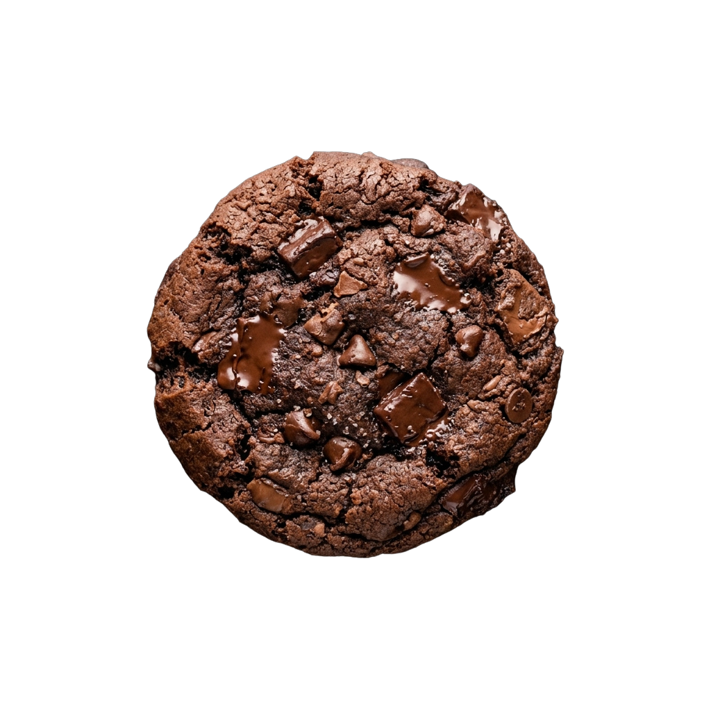 A close-up of a freshly baked chocolate chip cookie with melted chocolate chunks on top