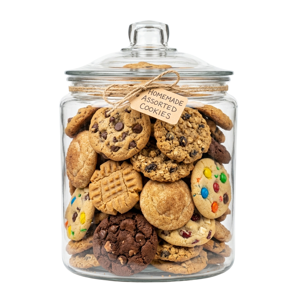 Glass jar filled with various homemade cookies tied with a twine label reading Homemade Assorted Cookies