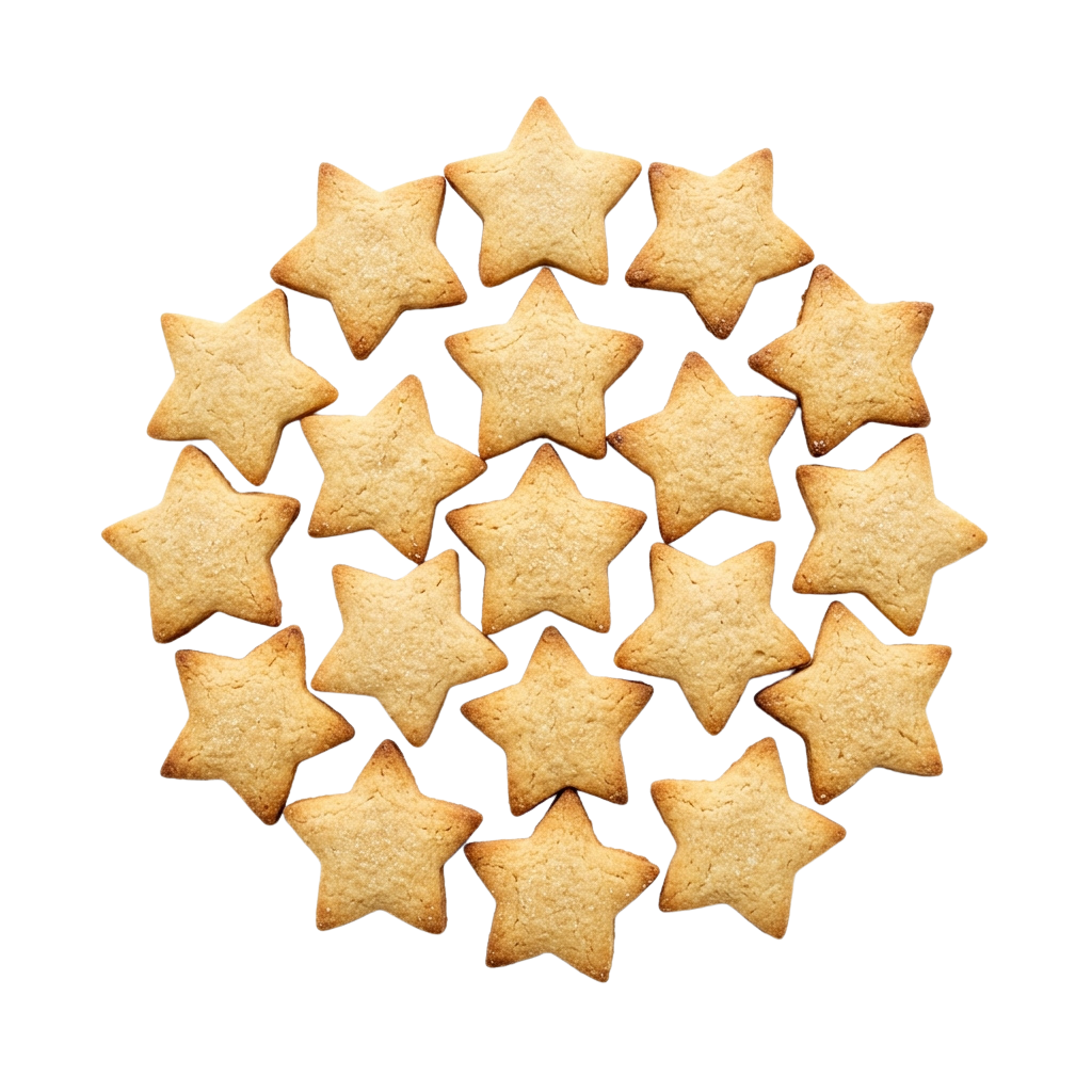 Twenty star-shaped biscuits arranged in a circular pattern against a black background