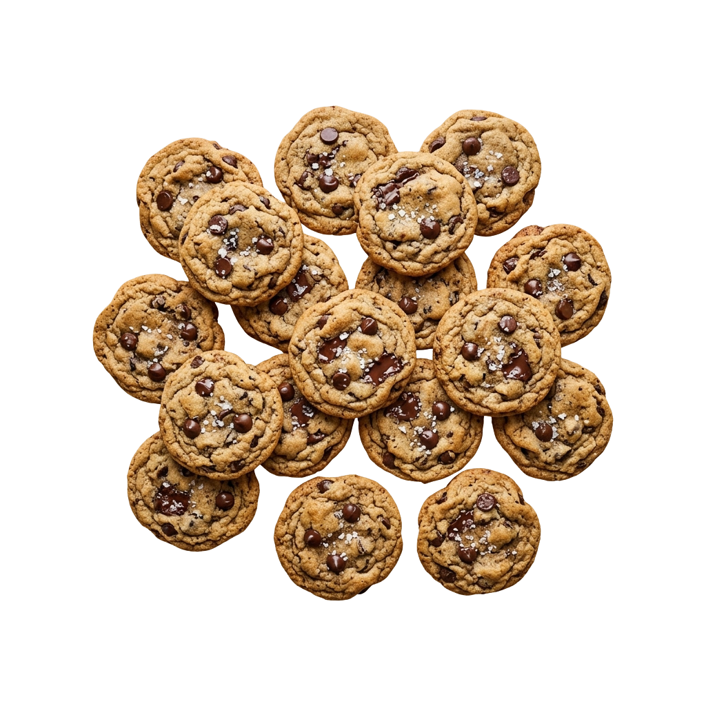 A cluster of golden-brown chocolate chip cookies with visible chips on a black background