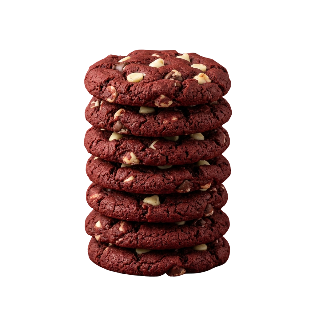 Five round chocolate cookies stacked with white chip toppings on a black background