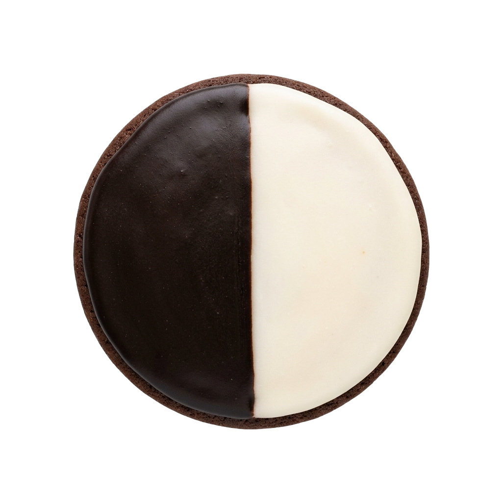 A round cake split evenly into dark chocolate and smooth vanilla halves with a chocolate exterior crust