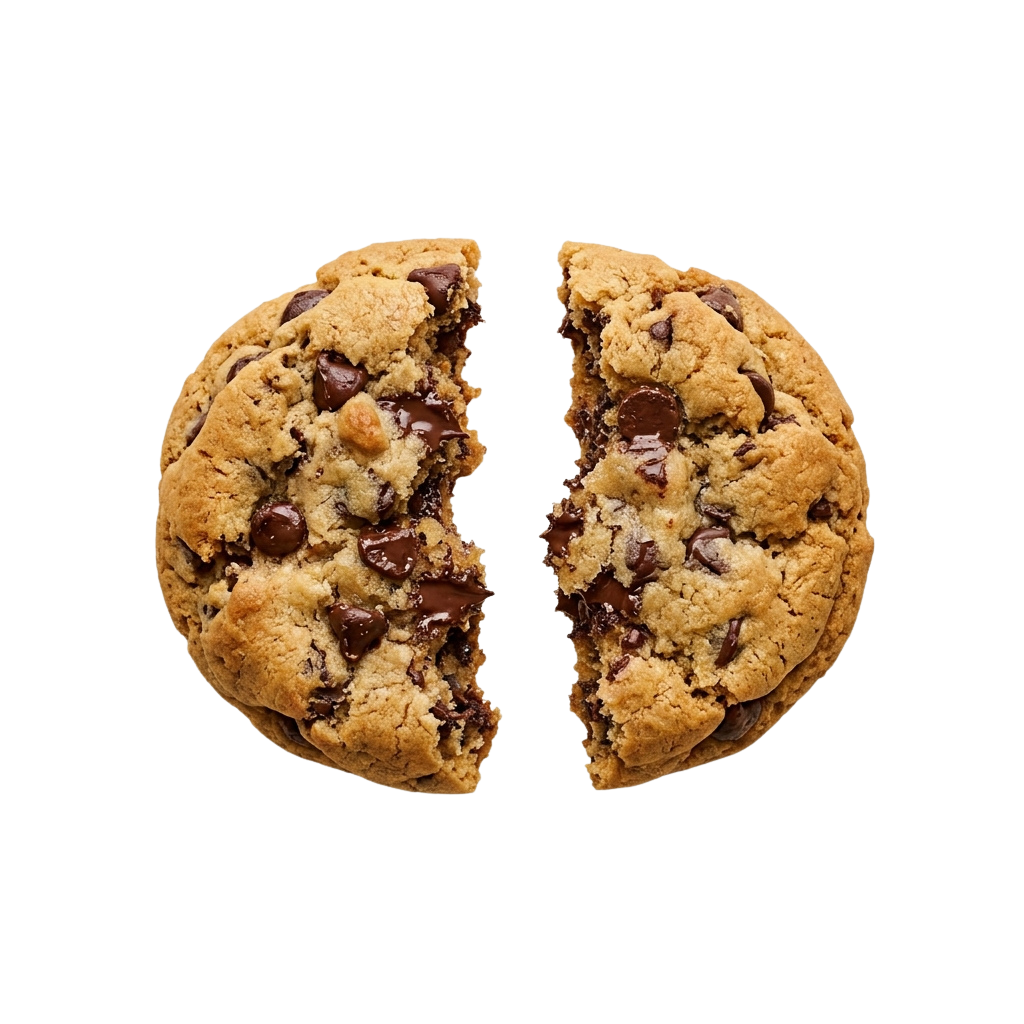 A close-up image of a broken chocolate chip cookie showing its crumbly interior and chocolate pieces