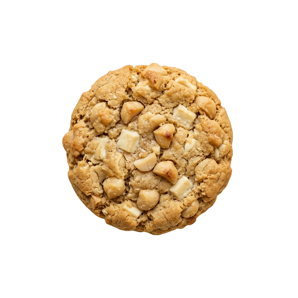 Round cookie with chopped nuts and white chocolate chips on a dark background