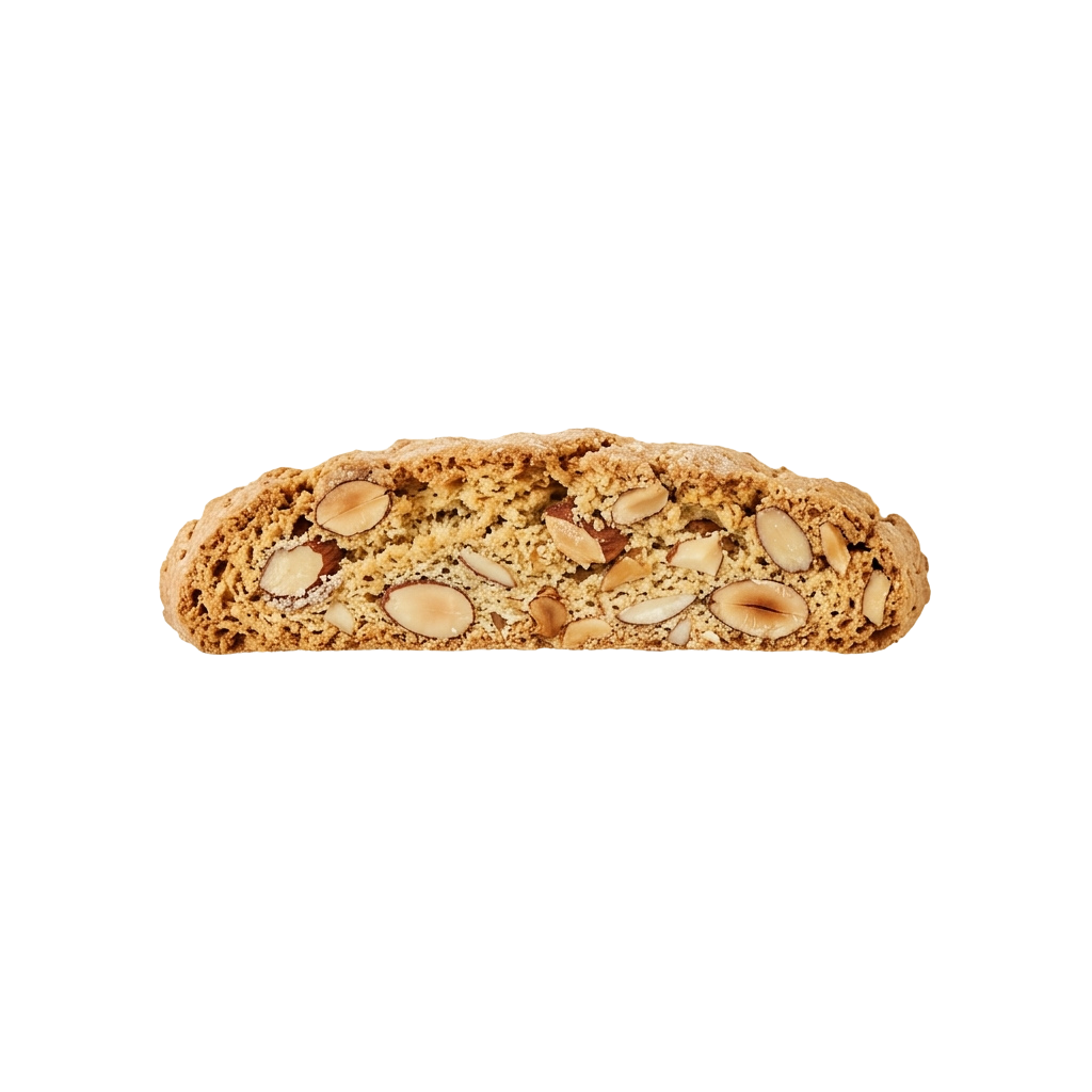 A sliced loaf of bread with almonds and seeds baked inside, displayed against a black background