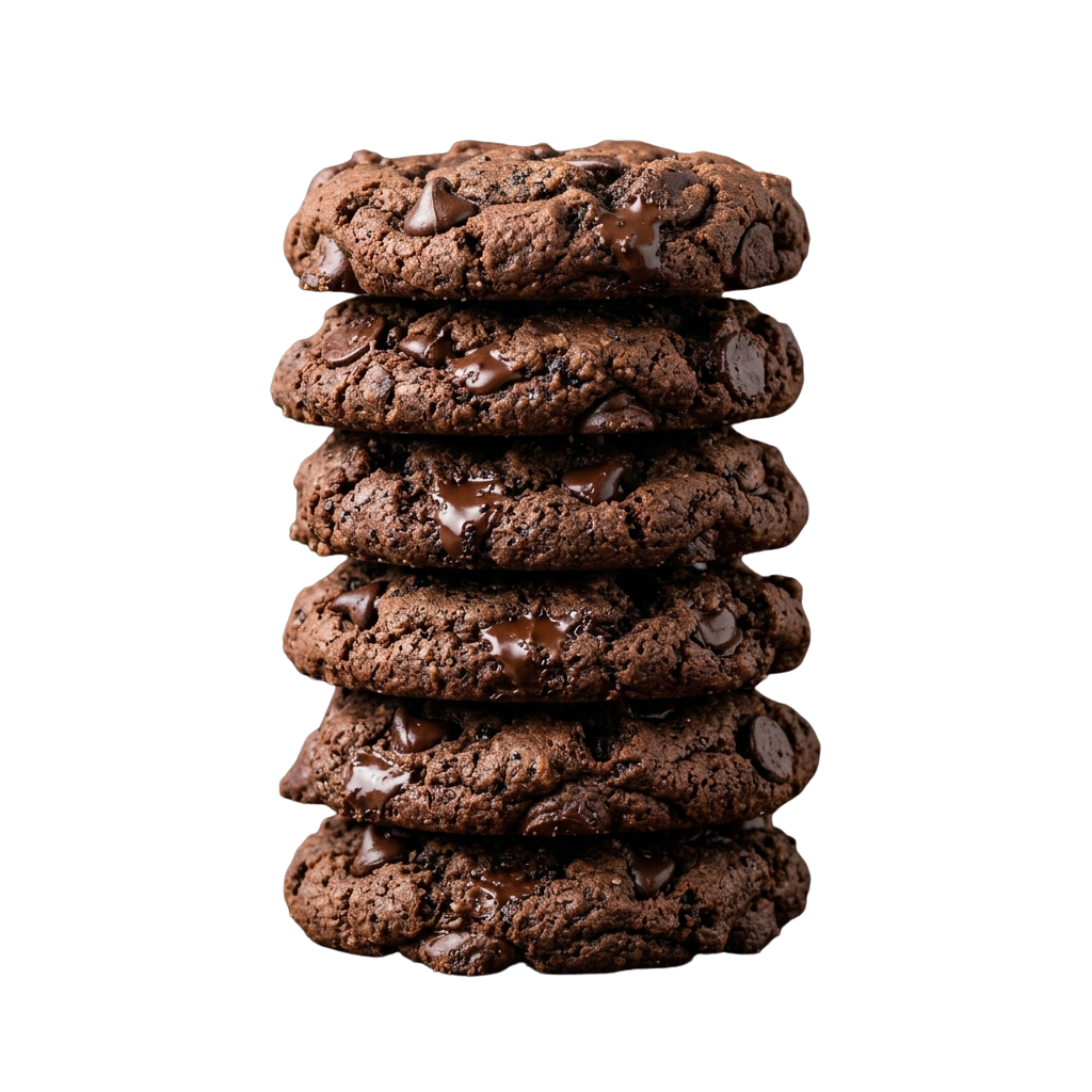 Five chocolate chip cookies stacked with chocolate drizzle on top of each cookie