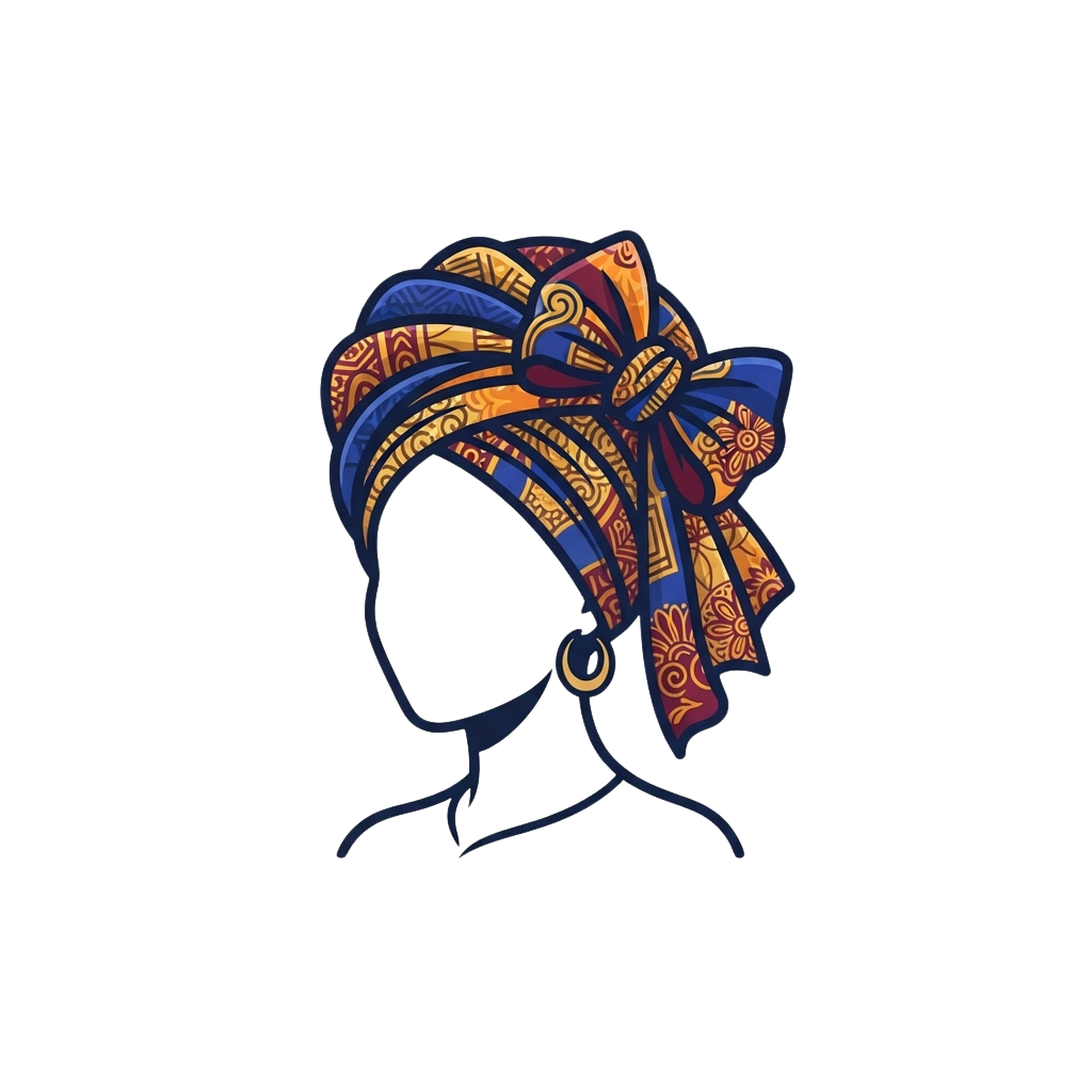 A stylish headwrap with intricate patterns in blue, orange, and gold, tied with a large decorative bow.
