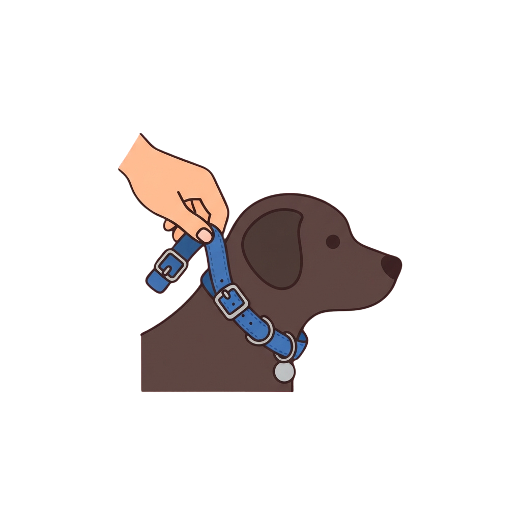 A hand holding a blue dog leash attached to a brown Labrador Retriever