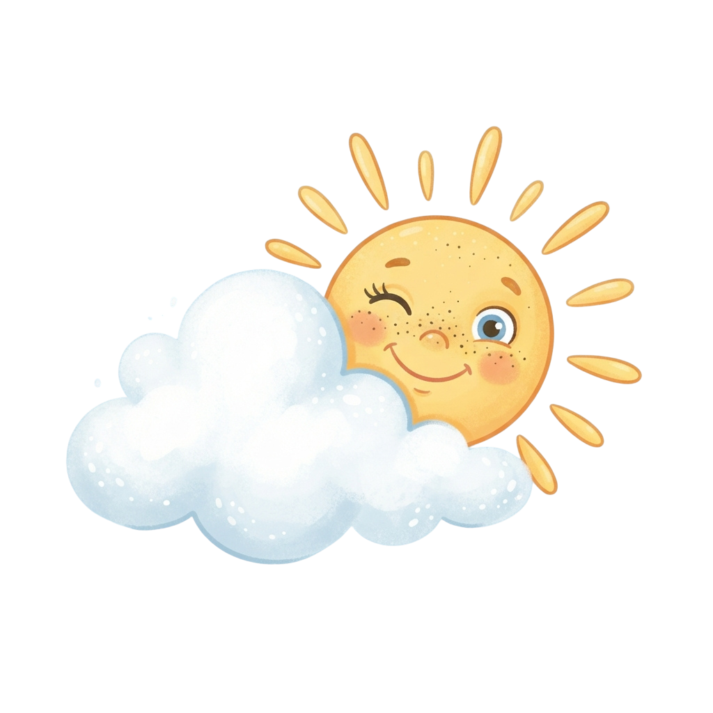 A smiling cartoon sun with rays peeking out from behind a fluffy white cloud