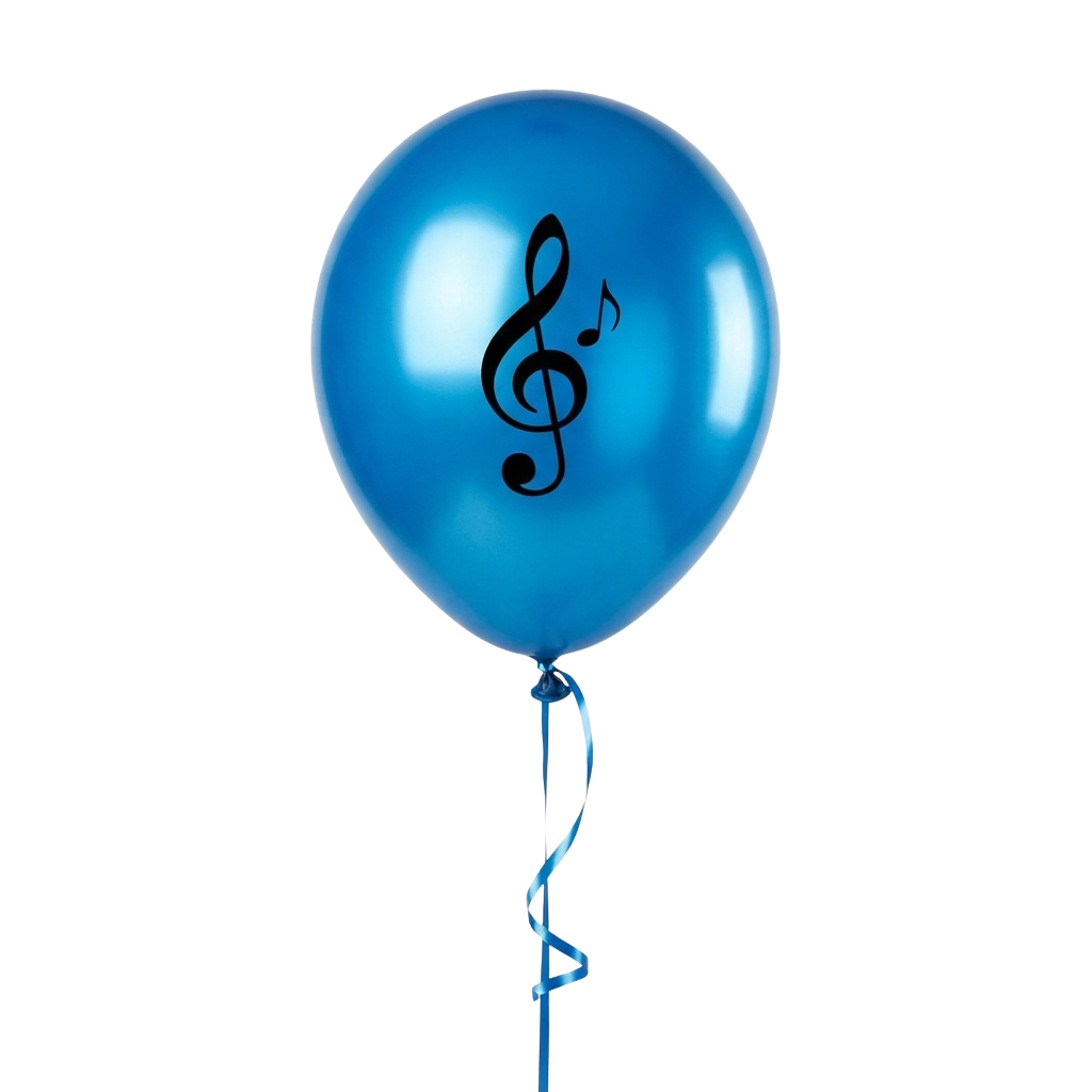 A shiny blue balloon with a black treble clef and musical note symbol