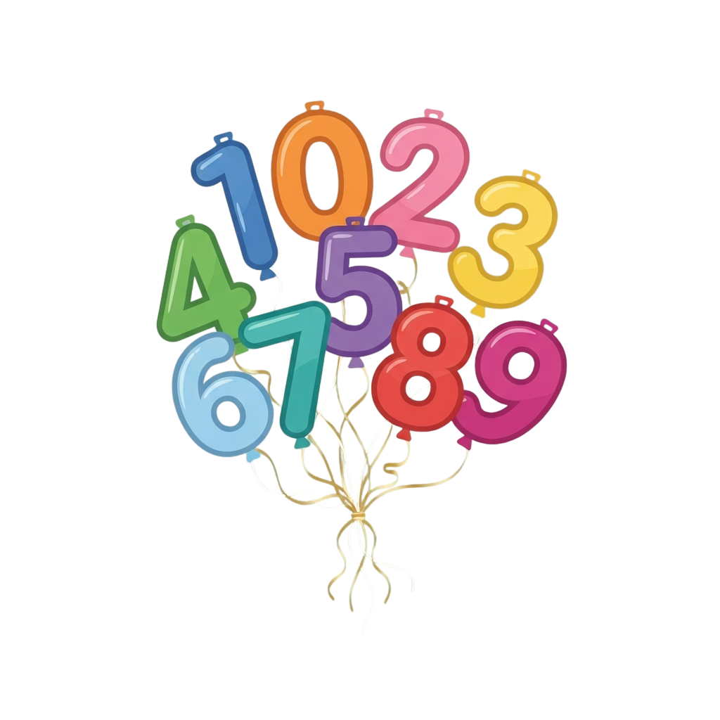 Cluster of balloons shaped like numbers 1 through 9 in various bright colors