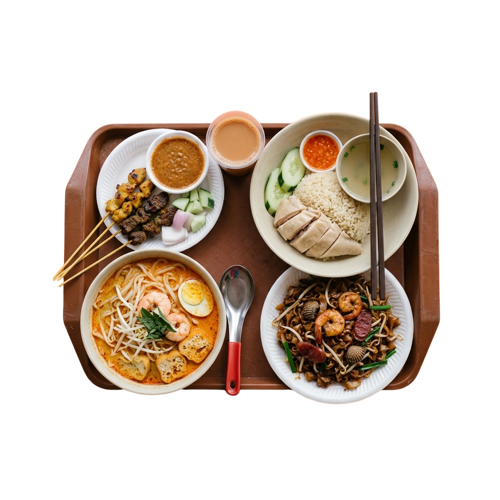 A tray with four bowls of Asian cuisine including noodles, fried rice, skewers, and seafood stir-fry, paired with chopsticks and a spoon