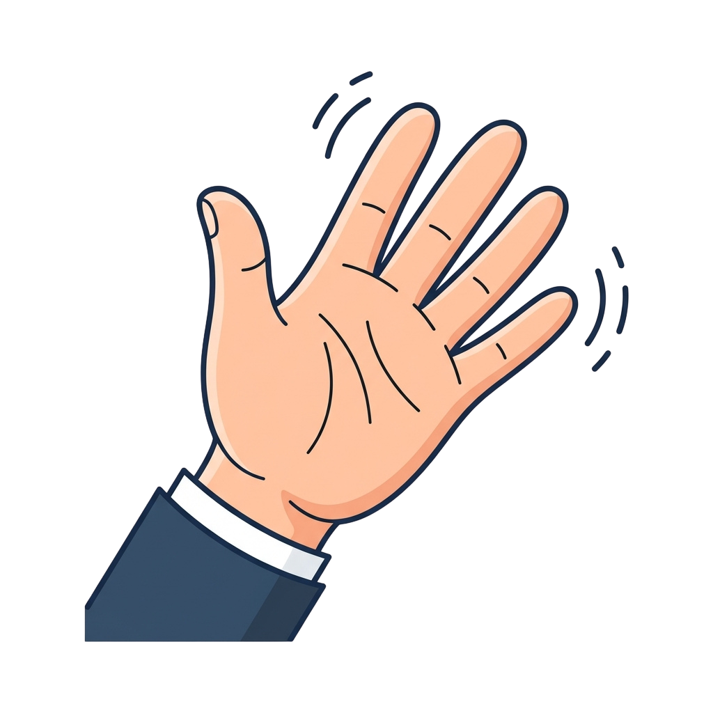 An animated hand waving with fingers slightly spread against a dark background