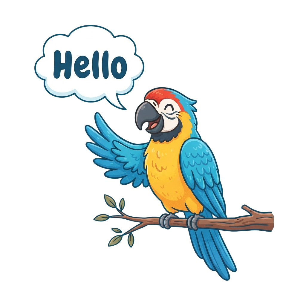 A cheerful cartoon parrot perched on a branch saying hello in a speech bubble