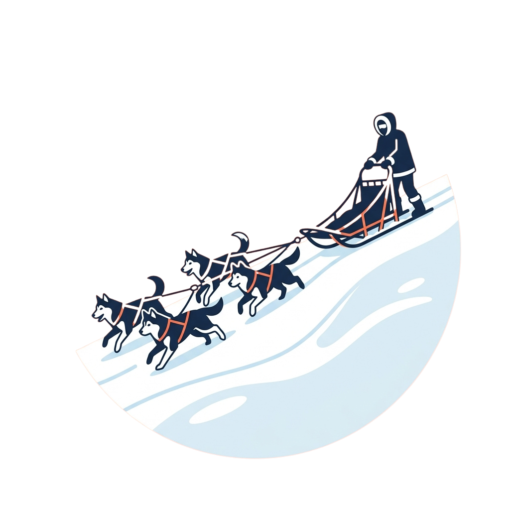 A person riding a sled pulled by four dogs on snow-covered ground