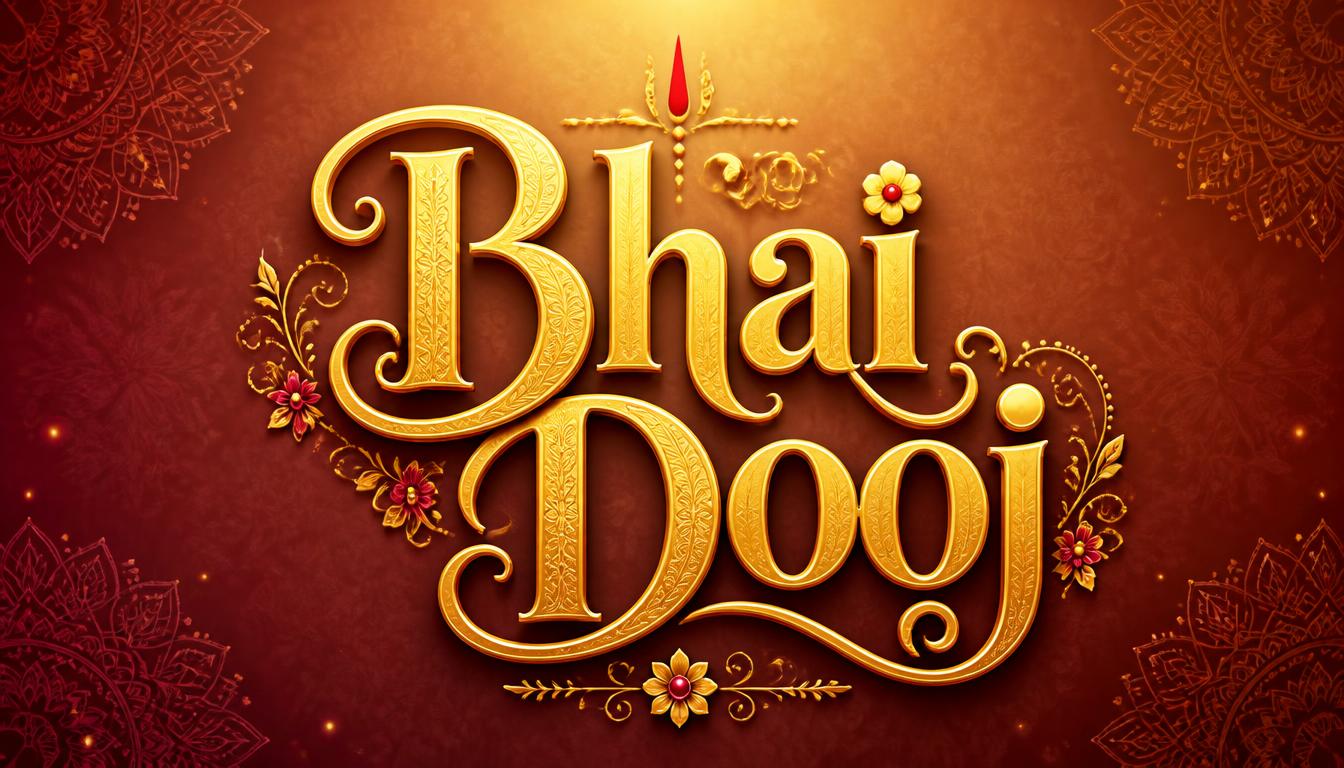 Golden Bhai Dooj text with decorative floral patterns and a diya candle on a warm red-brown background