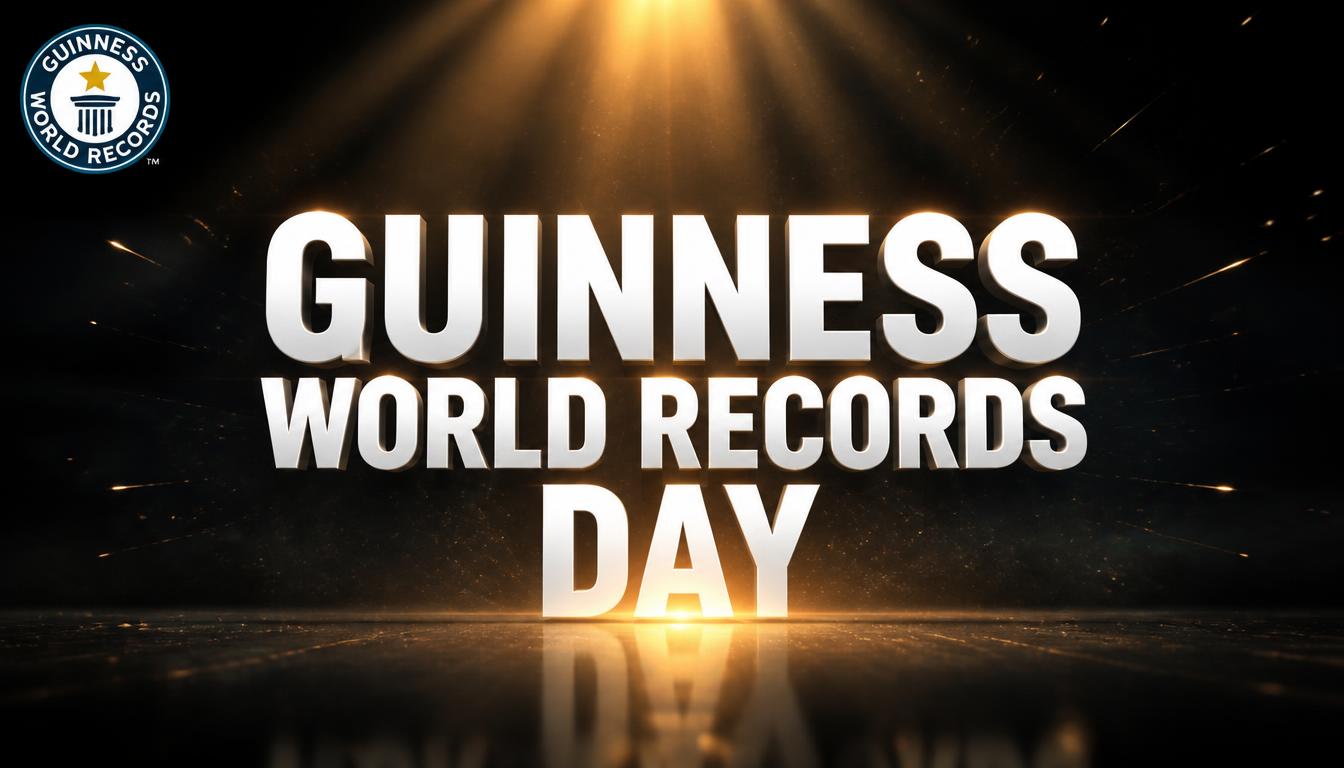 Guinness World Records Day text with bright lighting and starburst effects