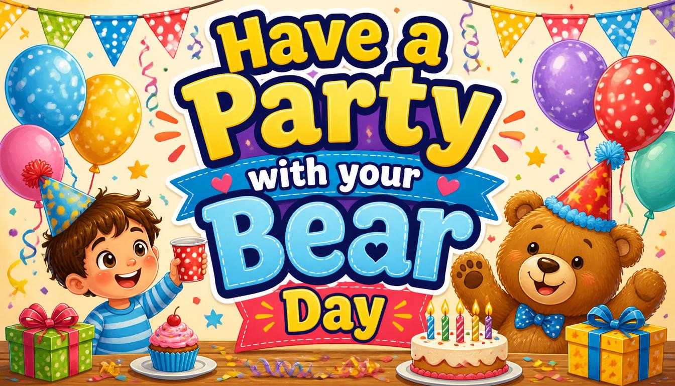 A cheerful child and teddy bear celebrating Bear Day with balloons, cake, and party decorations