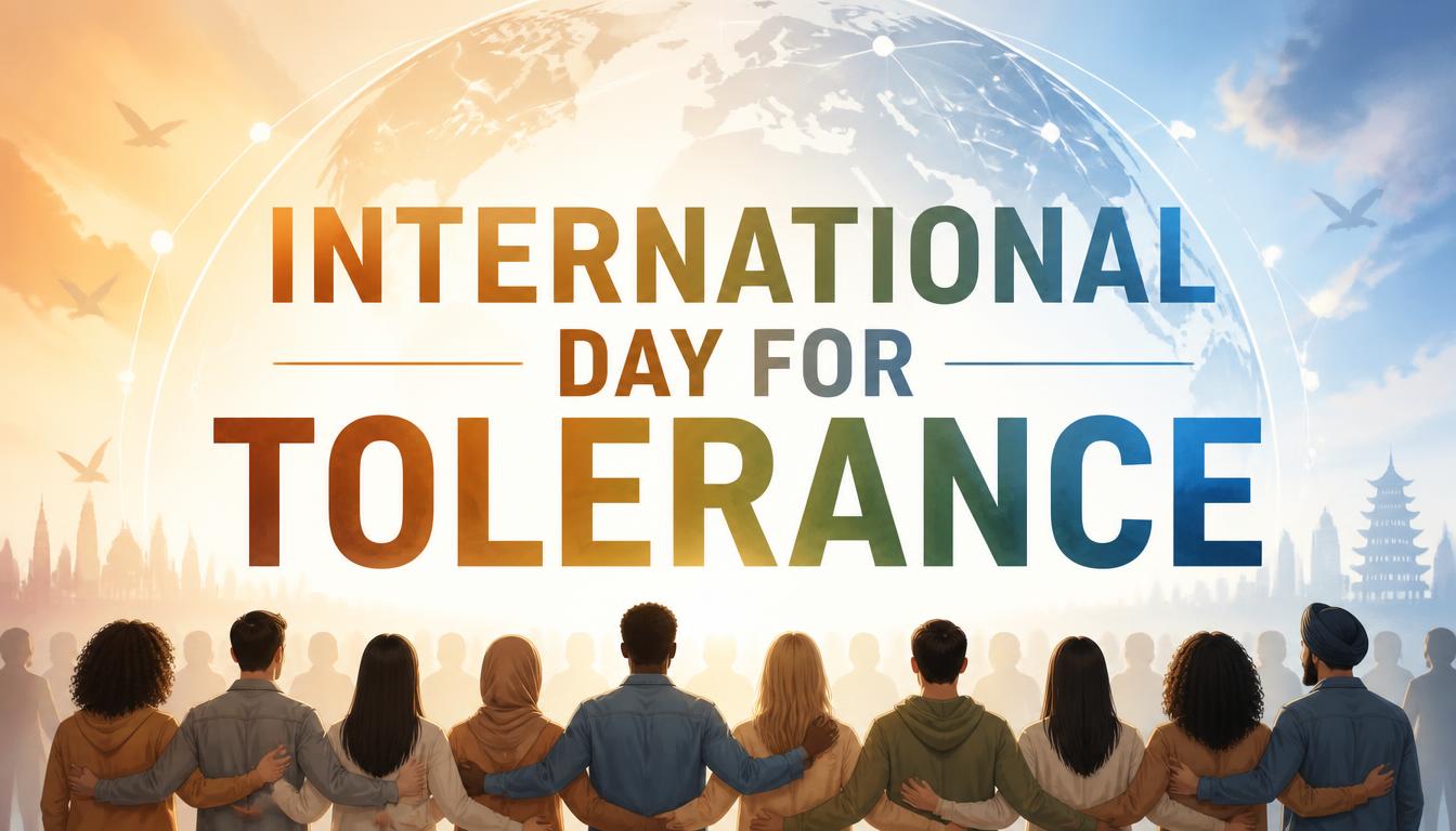 People of diverse backgrounds standing together with a globe and cityscape in the background, celebrating International Day for Tolerance