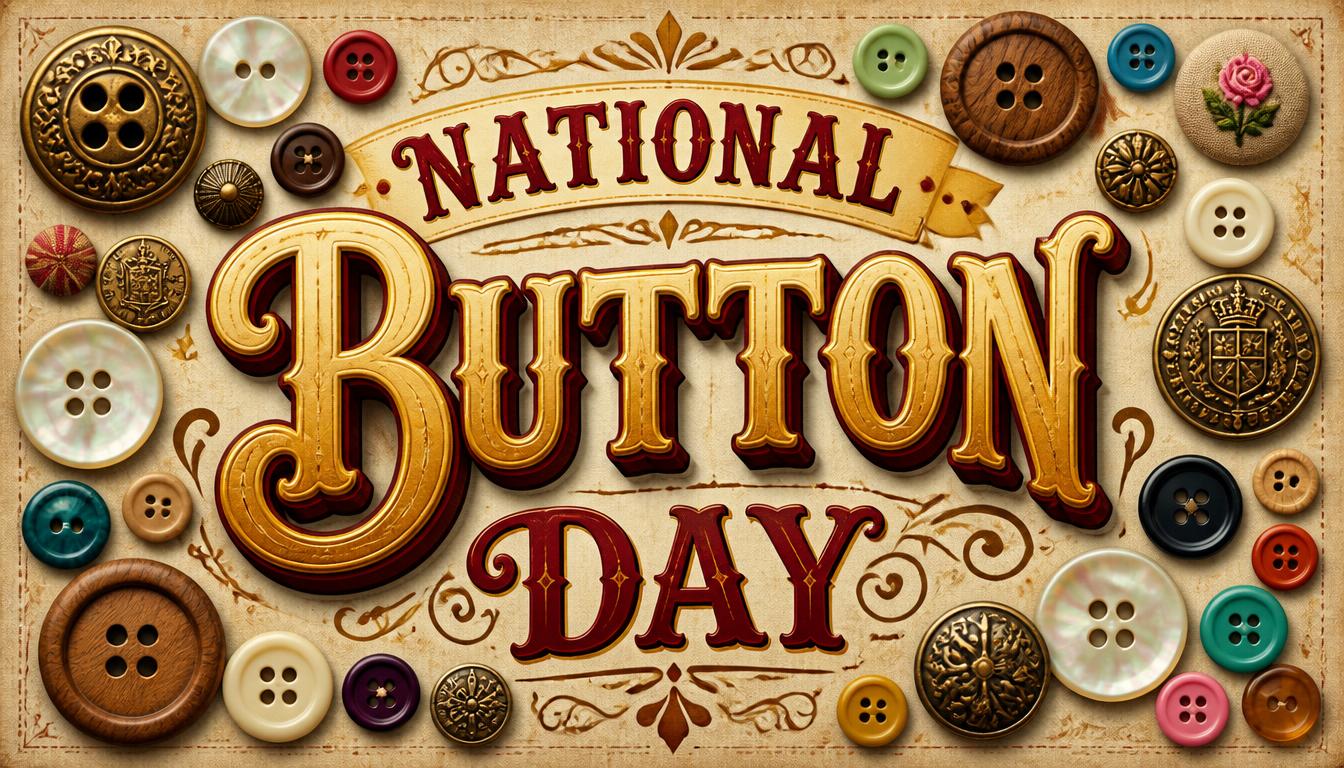 Vintage-style graphic celebrating National Button Day with colorful buttons and decorative text