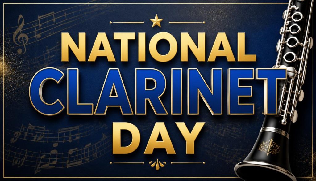 National Clarinet Day graphic featuring a clarinet and musical notes with text overlay
