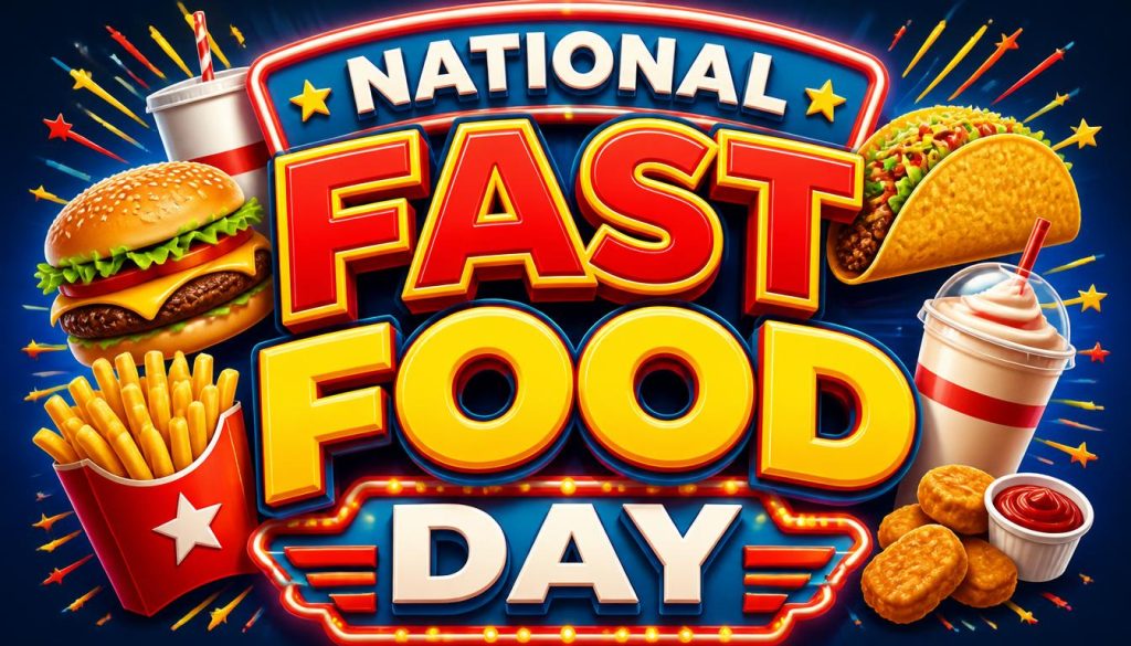 Bright neon sign celebrating National Fast Food Day with images of burgers, fries, tacos, drinks, and donuts.