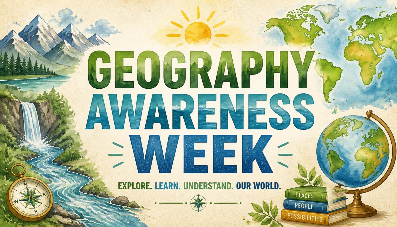 Geography Awareness Week poster featuring a globe, compass, mountains, waterfall, and books with text Explore Learn Understand Our World