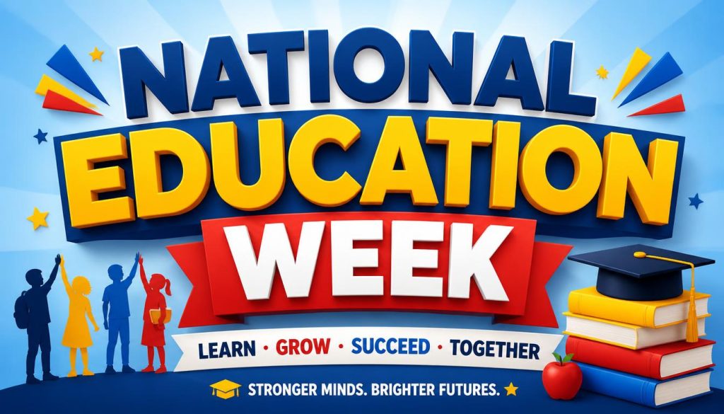Colorful poster celebrating National Education Week with silhouettes of people, books, and graduation cap