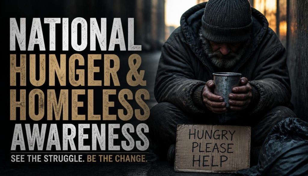 Person holding a cup, sitting with a sign that says Hungry Please Help, promoting hunger and homelessness awareness