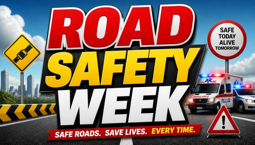 Road safety week banner showing police car, ambulance, warning signs, and slogan safe roads save lives