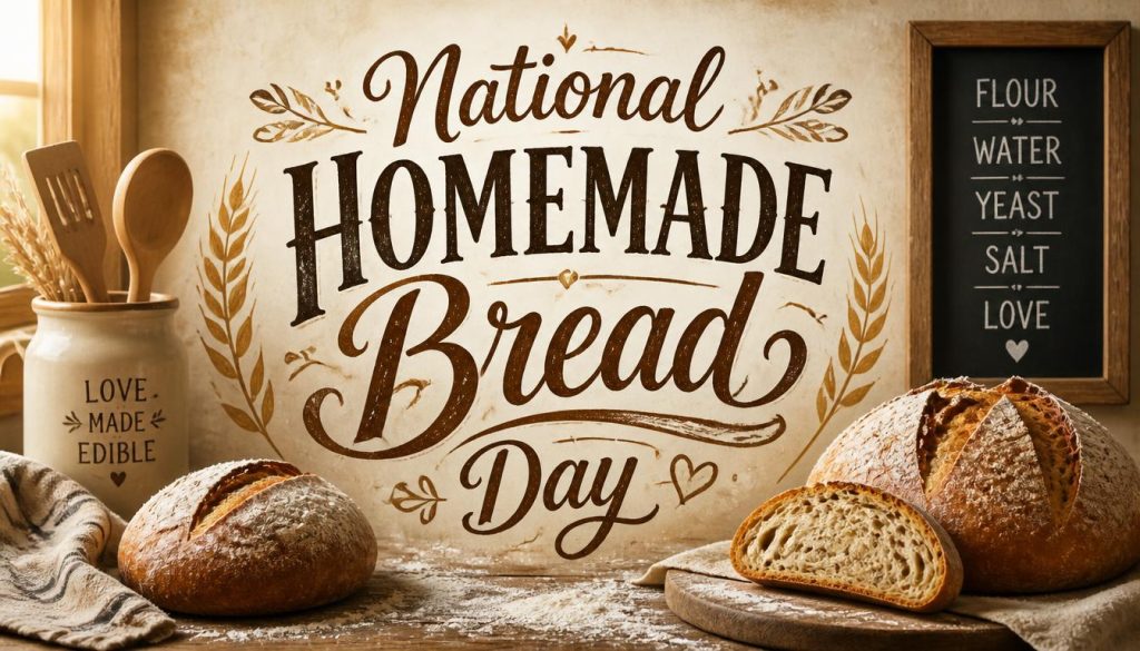 Image celebrating National Homemade Bread Day with loaves of bread, baking tools, and rustic decor