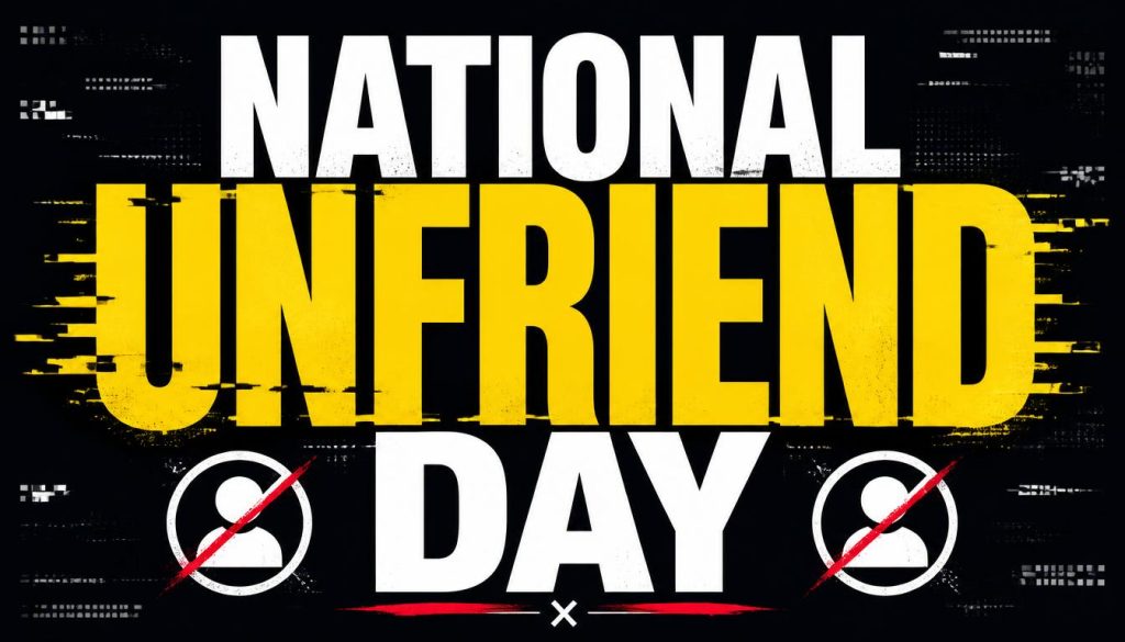Image showing National Unfriend Day with yellow and white text, crossed-out friend icons, and a digital background