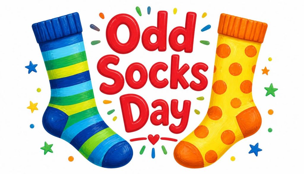 Two mismatched socks with stripes and polka dots, celebrating Odd Socks Day with colorful text and stars