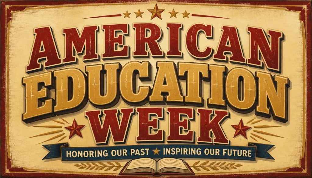 Vintage-style poster celebrating American Education Week with stars and an open book