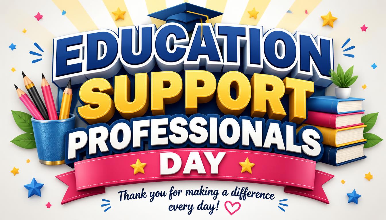 Colorful graphic celebrating Education Support Professionals Day with books, pencils, graduation cap, and stars