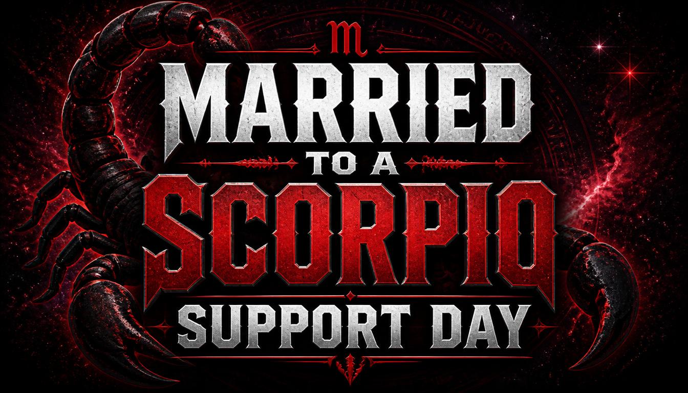Dark red graphic featuring a scorpion and bold text reading Married to a Scorpio Support Day