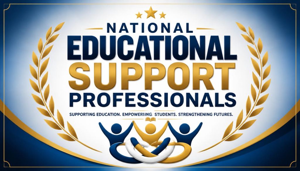 Award badge celebrating educational support professionals with laurel wreath and figures holding books