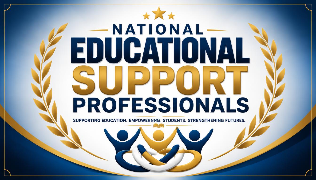 Award badge celebrating educational support professionals with laurel wreath and figures holding books