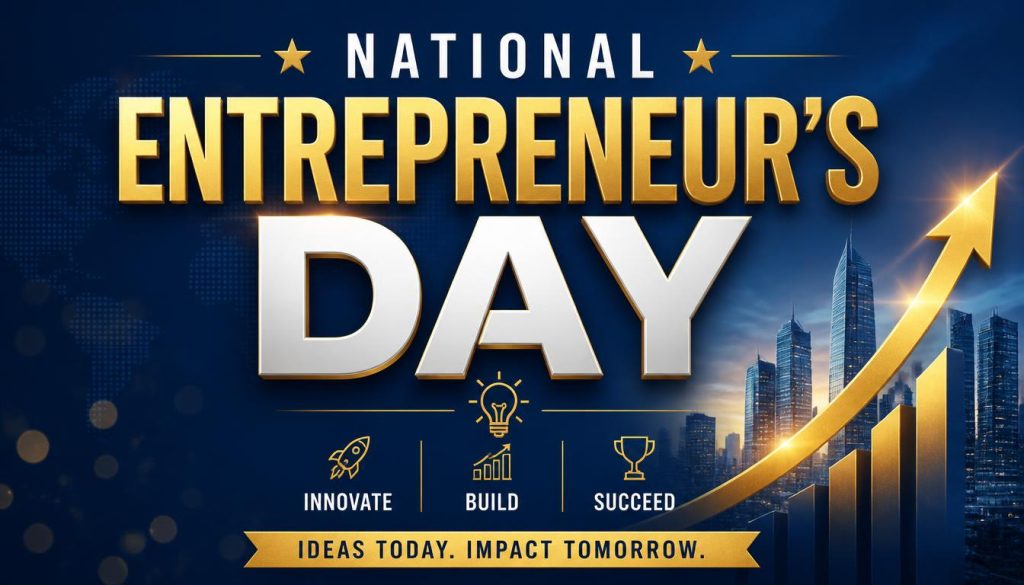 National Entrepreneurs Day graphic showing upward growth arrow, city skyline, and icons for innovate, build, succeed