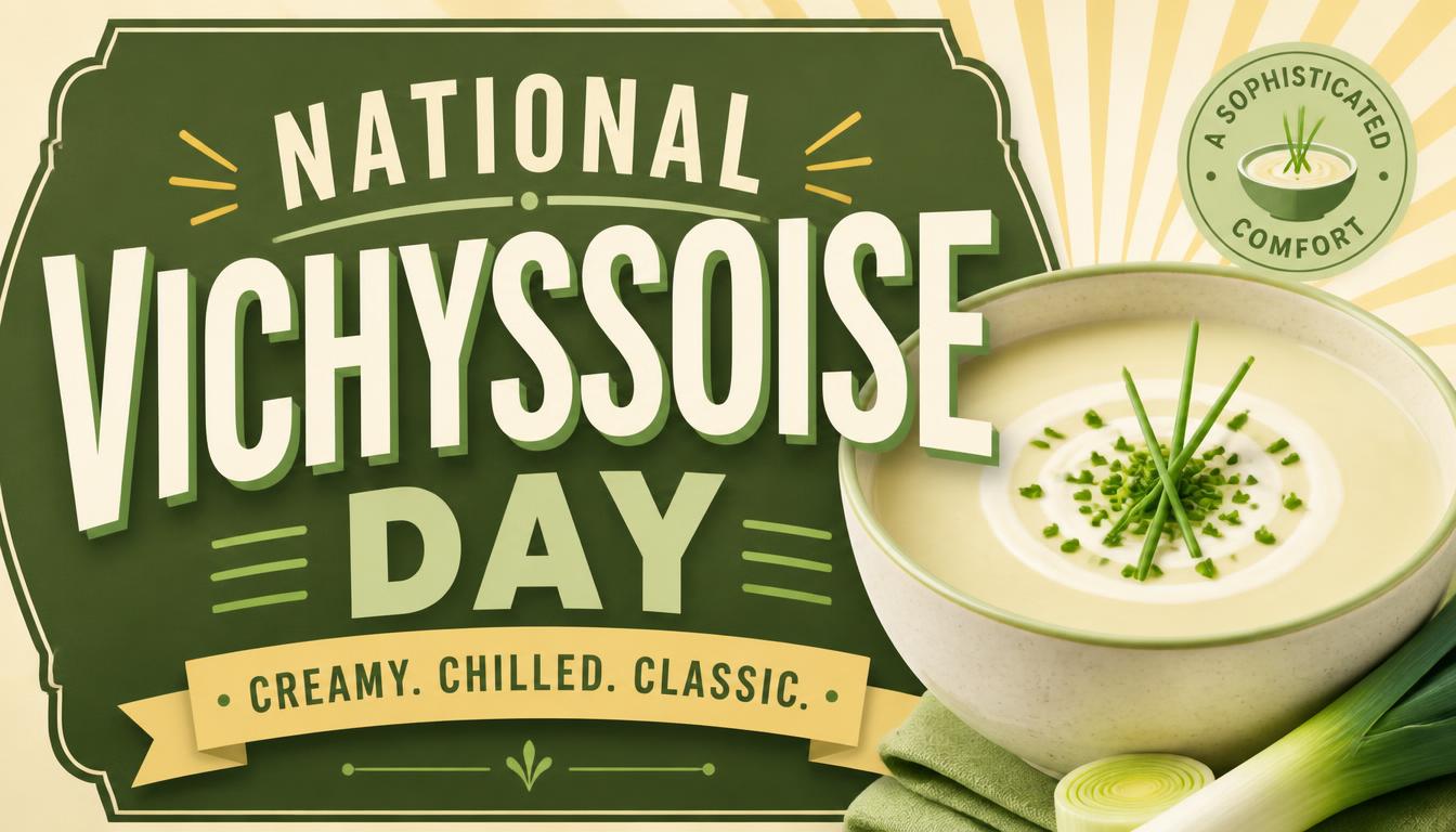 Image celebrating National Vichyssoise Day with a bowl of creamy chilled soup garnished with green onions.