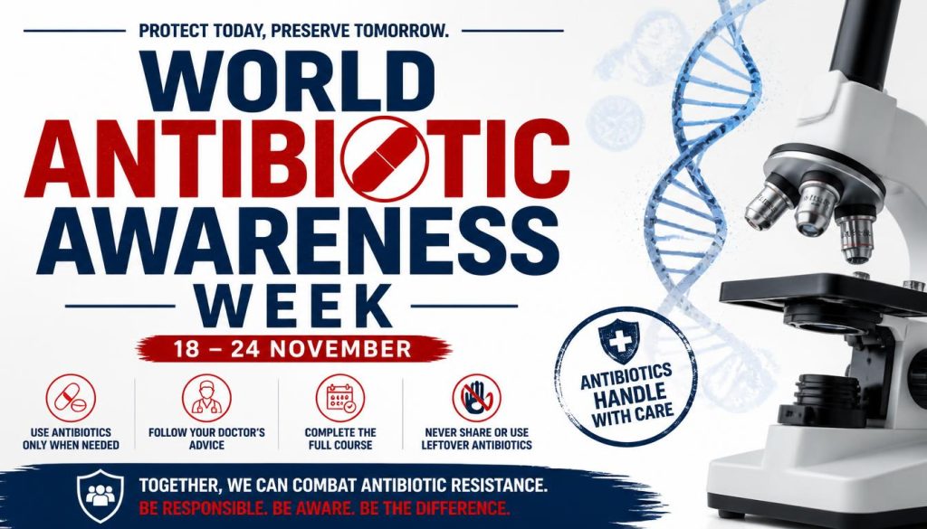 World Antibiotic Awareness Week poster with microscope, DNA helix, and key usage guidelines for antibiotics