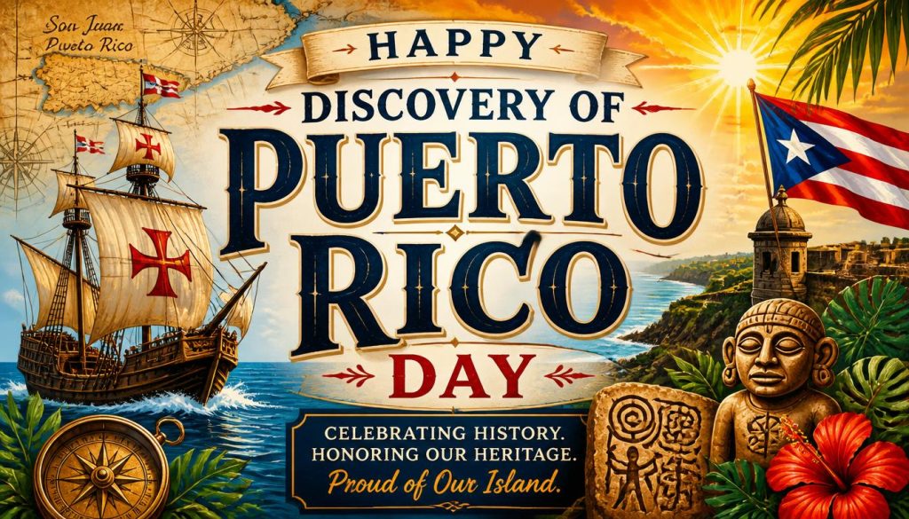 Vibrant poster celebrating Puerto Rico Discovery Day with a ship, flag, and historical imagery