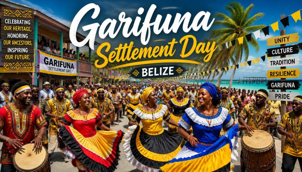 Vibrant Garifuna Settlement Day parade featuring dancers in colorful traditional attire playing drums.
