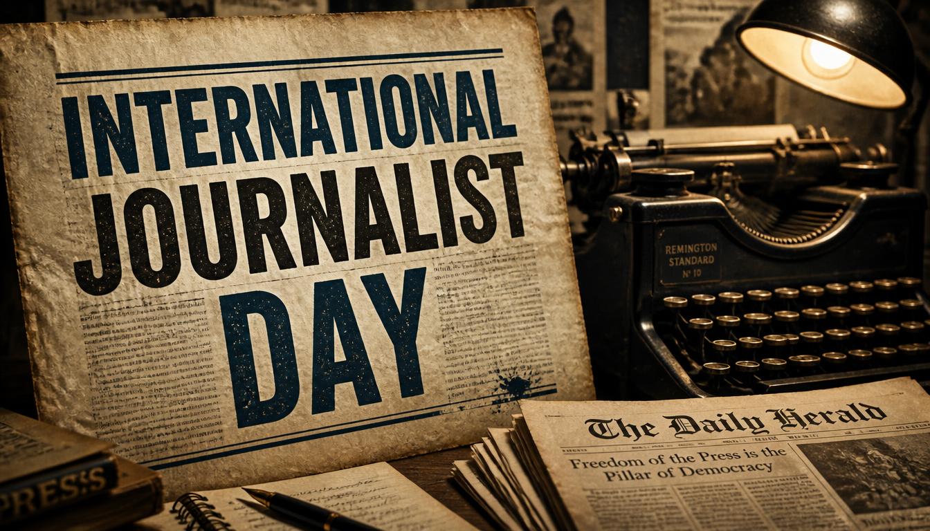 Vintage scene showing International Journalist Day sign with old typewriter and newspapers